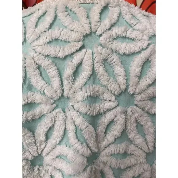 1980s chenille jacket aqua and white daisy m/l fuzzy boxy blanket 36 to bust 80s - Picture 8 of 10